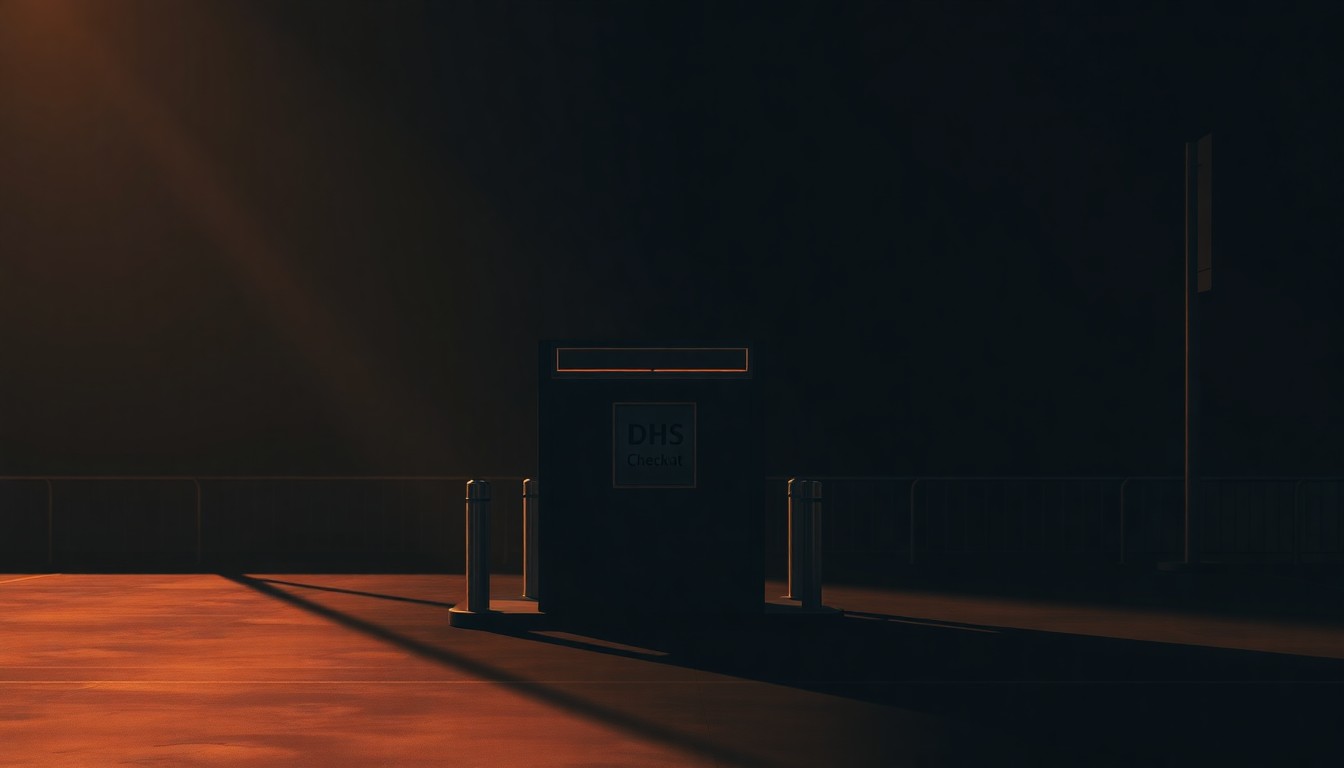 A photorealistic painting of a solitary DHS security checkpoint booth set against a backdrop of empty urban streets and buildings, with warm, directional lighting creating deep shadows and a sense of quiet contemplation.