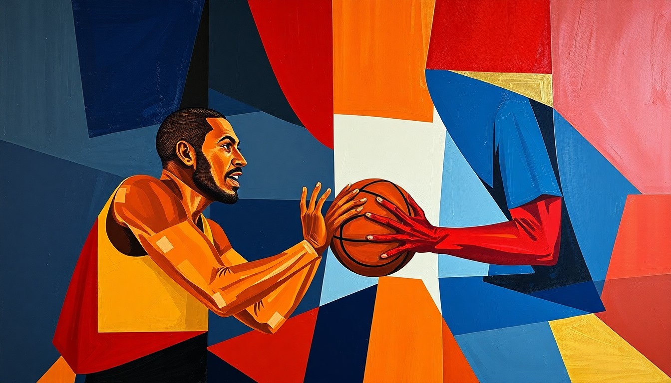 A fractured, multi-perspective painting depicting a basketball assist moment between a father and son, with their forms abstracted into bold, angular geometric shapes in a palette of deep blues, rich reds, and metallic golds.