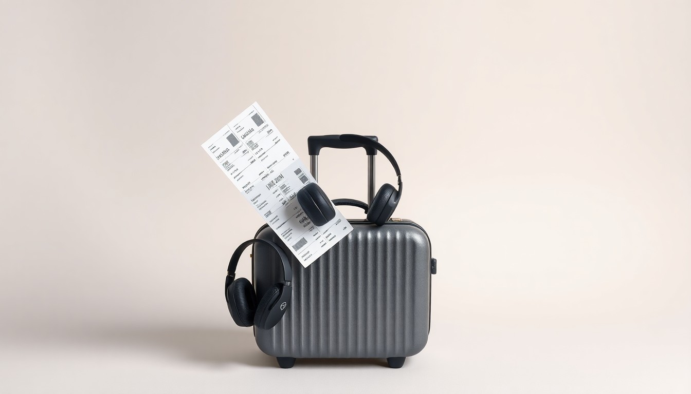 A minimalist studio still life photograph featuring a set of airline boarding passes, a pair of headphones, and a small suitcase arranged on a clean, monochromatic background, conceptually representing the changing landscape of air travel.