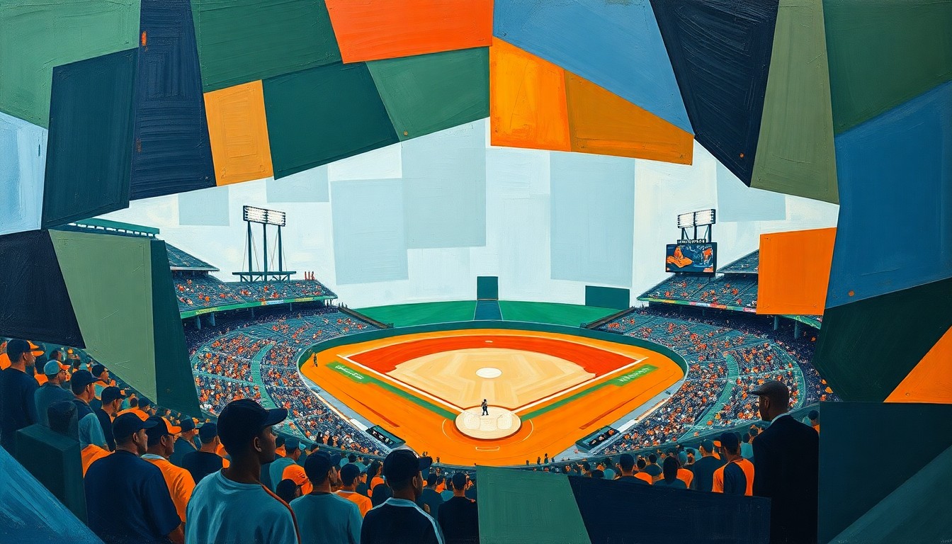 A cubist, geometric painting depicting a baseball game broken down into overlapping planes of navy, green, and orange, conceptually representing the new safety measures being implemented.