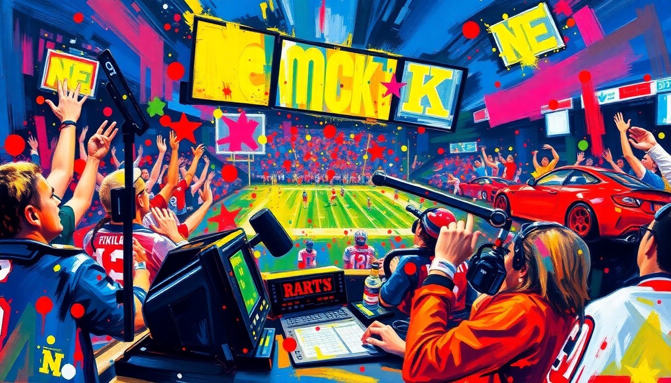 An abstract expressionist painting in neon colors, with rapid brushstrokes and splatters evoking the energy and excitement of a live sports radio broadcast.