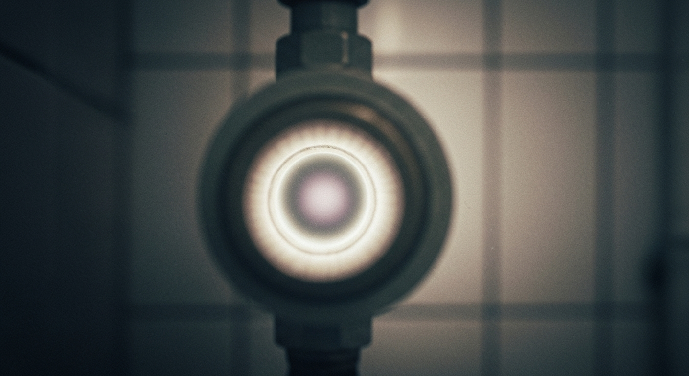 A ghostly, translucent X-ray photograph revealing the internal structure of a water pipe fitting, conceptually illustrating the hidden risks within a community's water system that can enable the spread of Legionnaires' disease.