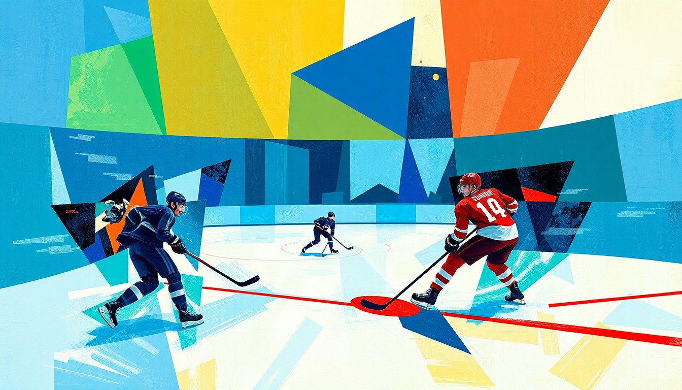 A cubist, geometric painting depicting a hockey game broken down into sharp, overlapping shapes in a vibrant color palette, conceptually representing the dramatic shifts expected at the NHL Trade Deadline.