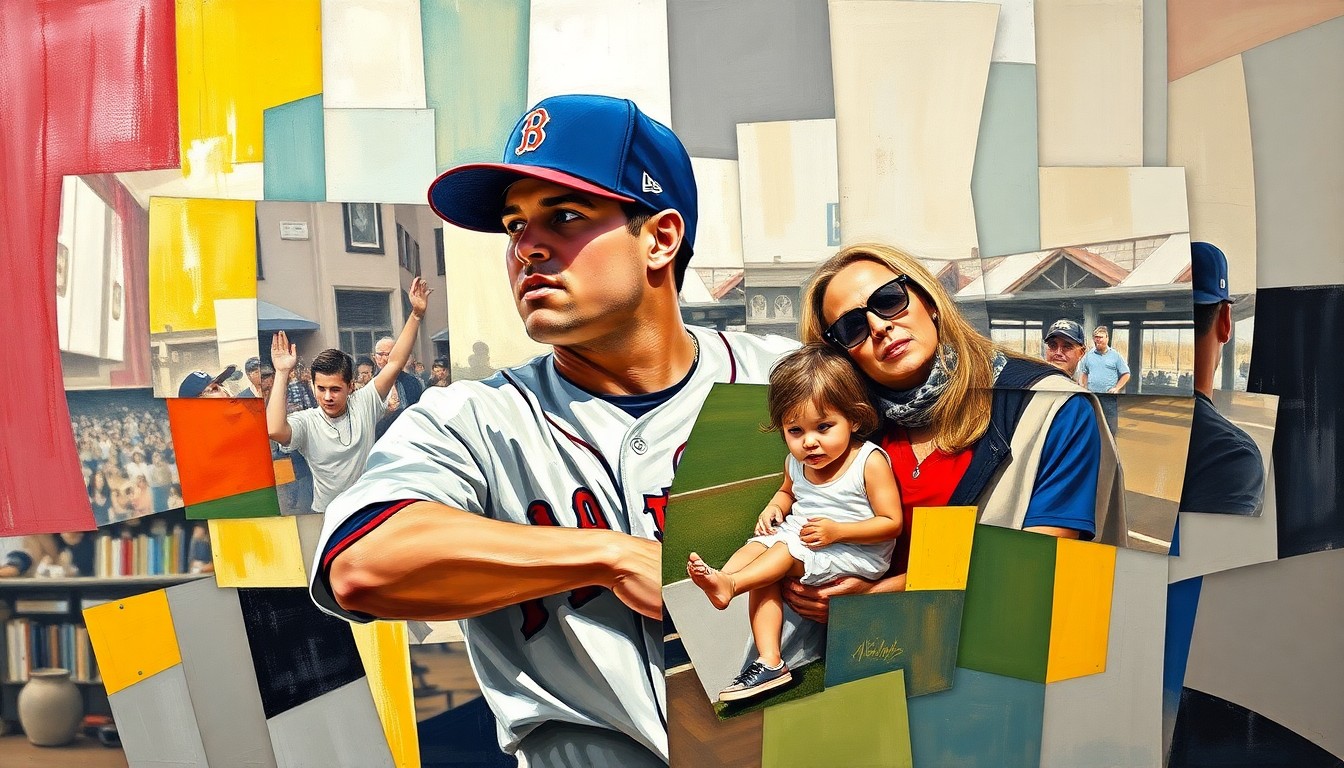 A cubist, geometric painting depicting fragmented scenes of Mookie Betts playing baseball, spending time with his family, and transitioning to life after his playing career, all rendered in a deconstructed, multi-perspective style.