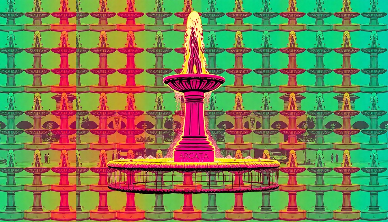 A bold, colorful silkscreen-style illustration featuring the iconic Arcata Plaza fountain repeated in a grid, conceptually representing the plaza's status as a beloved local landmark worthy of historic preservation.