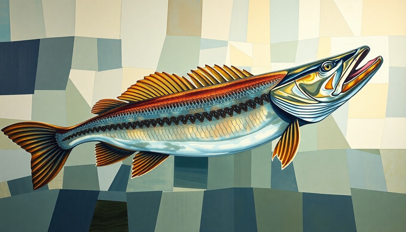 A cubist-style painting depicting the massive muskie catch, with the fish's form broken down into sharp, overlapping geometric shapes and planes, reflecting the complex border dispute between New York and New Jersey over the record-breaking fish.