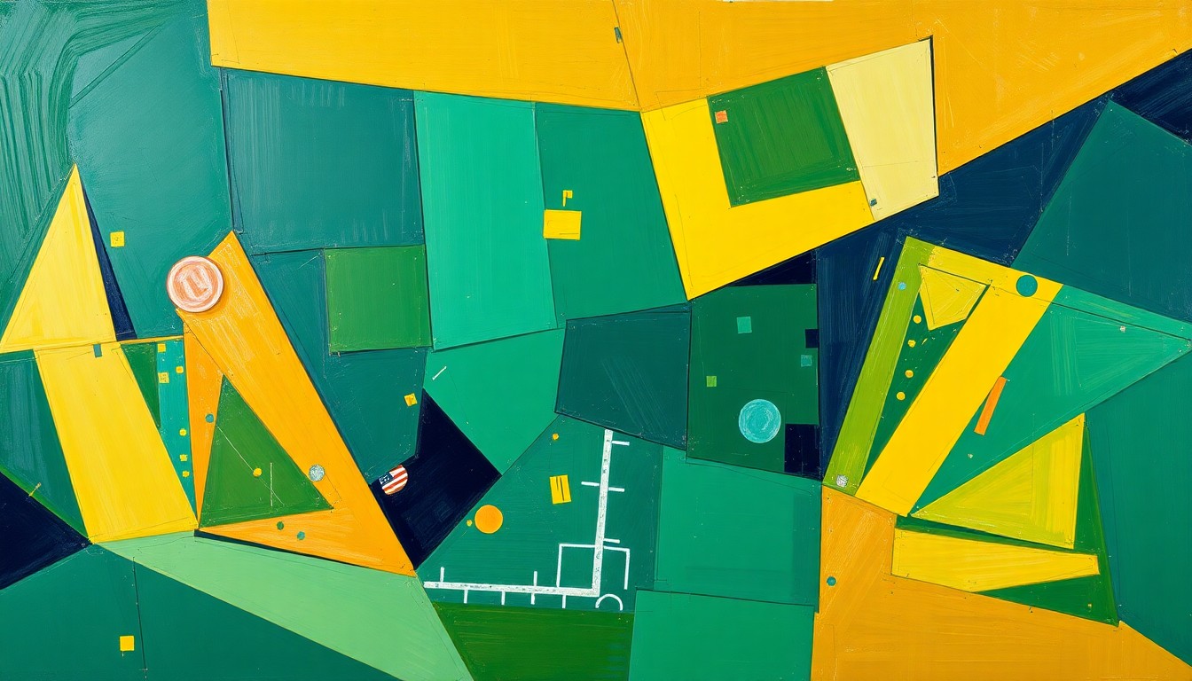A fractured, cubist-style painting depicting overlapping geometric shapes and planes in shades of green, gold, and navy blue, conceptually representing the complexities of NFL free agency and roster building.