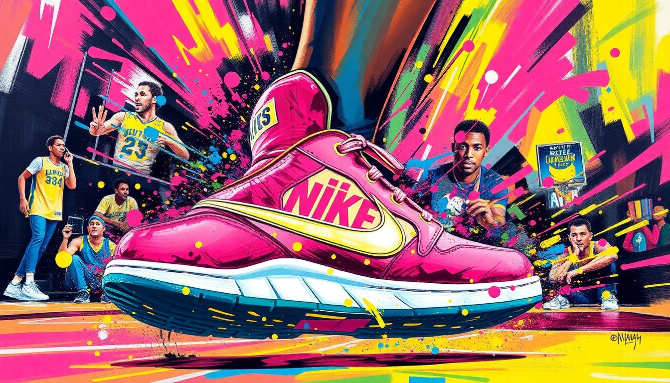 An abstract, expressionist painting in neon colors depicting the dynamic movement and energy of a basketball game, with the Nike Kobe 3 Low Protro 'Pink Quartz' sneaker as the central focus, its design elements blending into the surrounding brushstrokes.