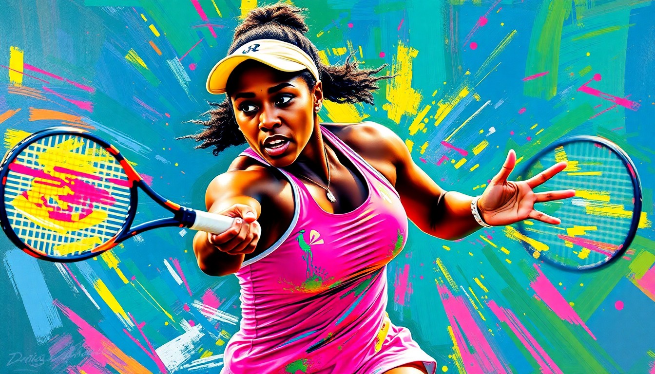 A vibrant, expressionist painting in neon colors depicting the powerful tennis strokes and raw athletic energy of Hailey Baptiste during her quarterfinal match at the Miami Open.