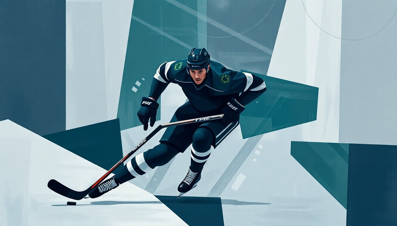 A cubist-style painting depicting a hockey player in motion, broken down into sharp, overlapping geometric shapes in muted tones of navy, forest green, and steel grey, conceptually representing the analytical approach to player development.