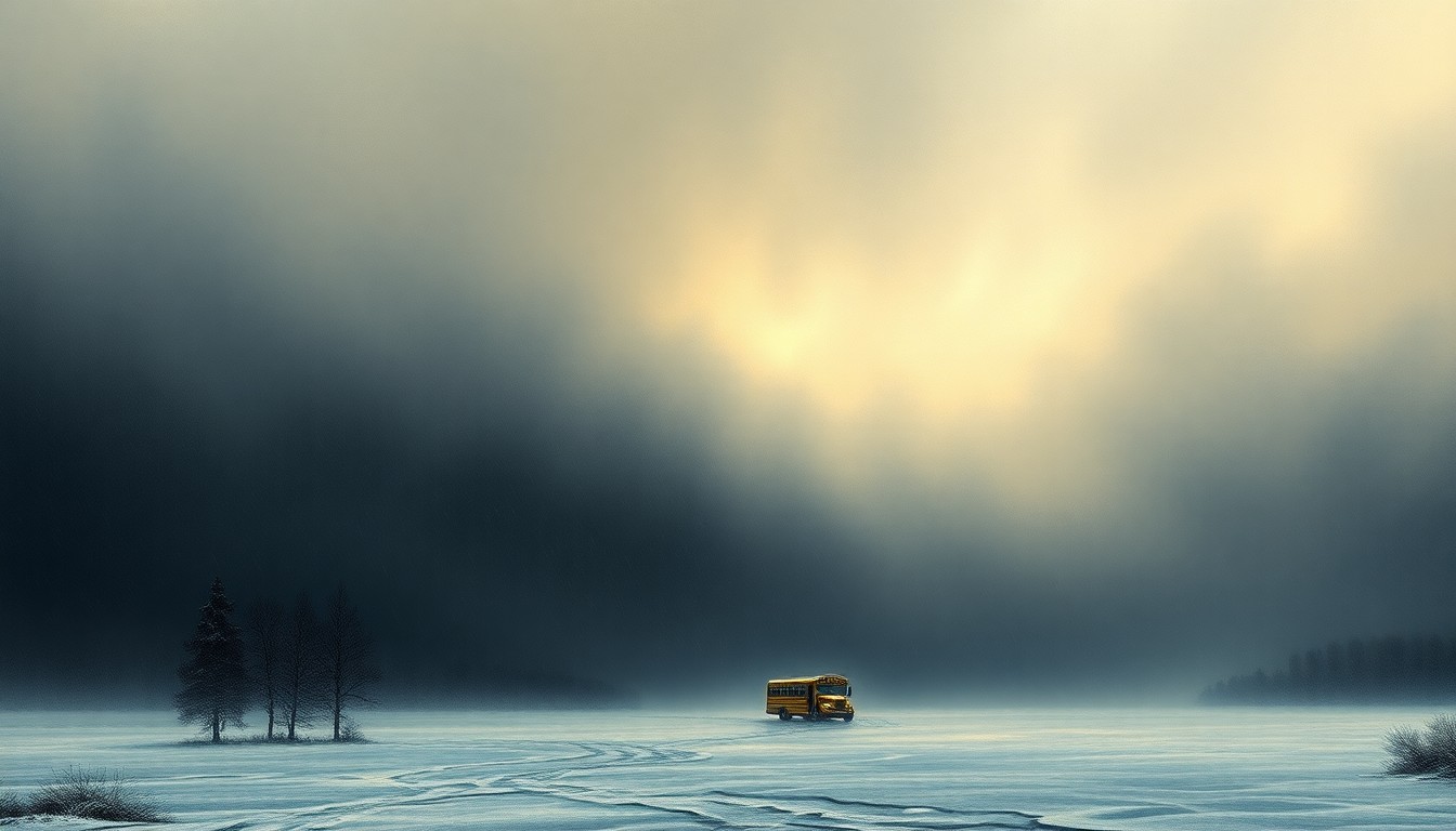 A vast, atmospheric landscape painting in muted tones of grey, white, and blue, depicting a small, isolated school building or bus dwarfed by the overwhelming scale of a heavy snowstorm, conveying the powerful forces of nature that disrupt educational continuity.