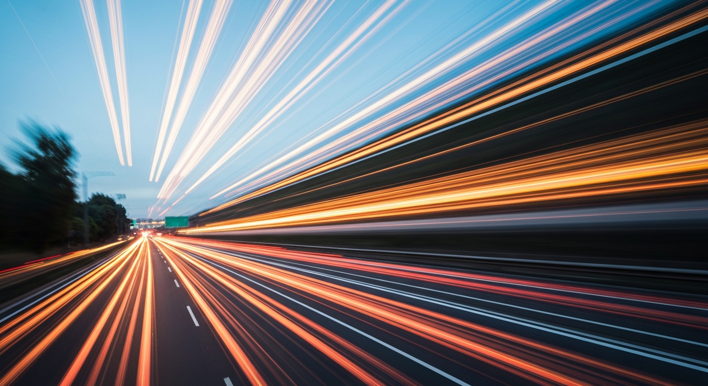 An abstract, colorful image with sweeping brushstrokes of motion, conceptually representing the disruption and chaos of a major highway closure due to a traffic incident.