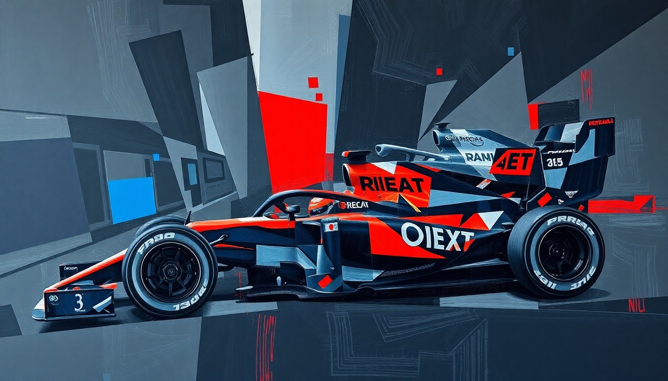 A fractured, geometric painting depicting the dynamic movements and overlapping perspectives of a Formula 1 race, rendered in a bold, Cubist style with sharp planes of dark gray, blue, and red.