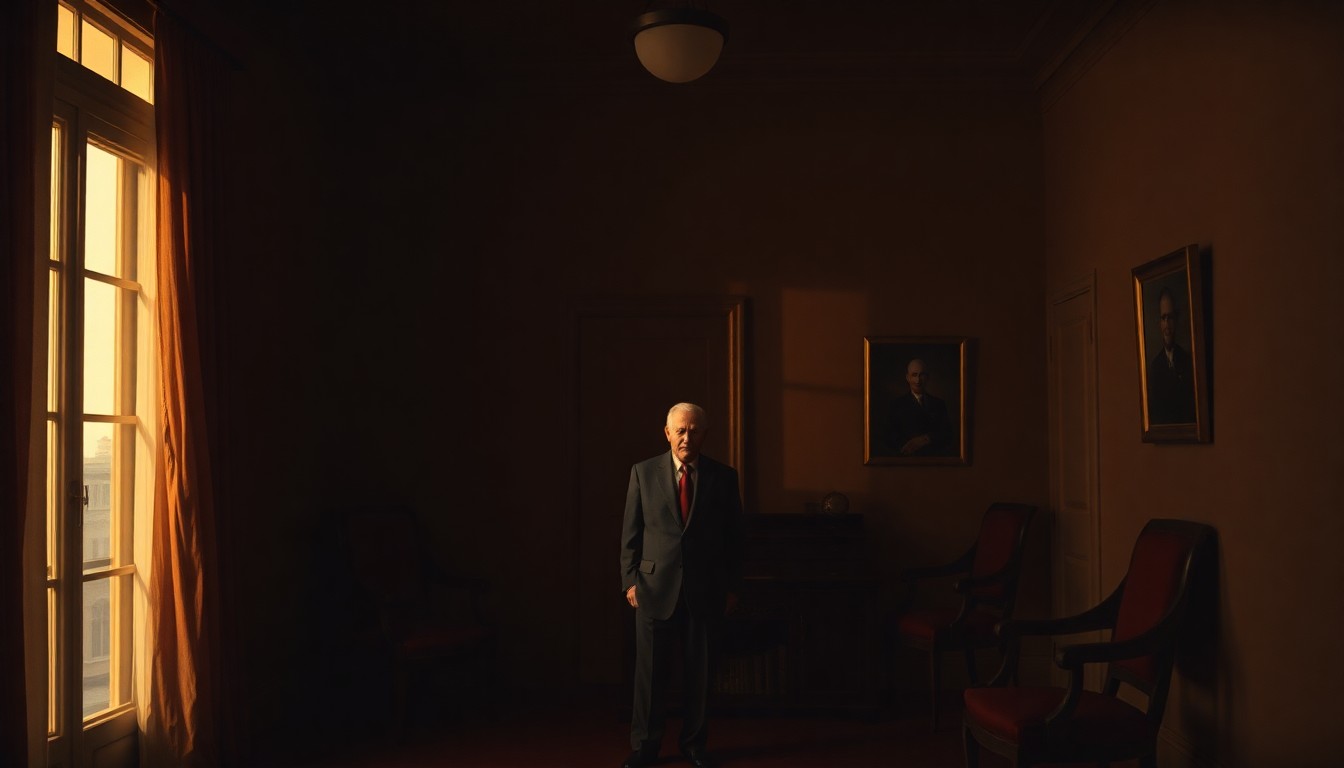 A cinematic painting of a solitary political figure, such as the president or the pope, in a dimly lit room or office, bathed in warm, diagonal sunlight and deep shadows, conceptually representing the tension between the two powerful American leaders.