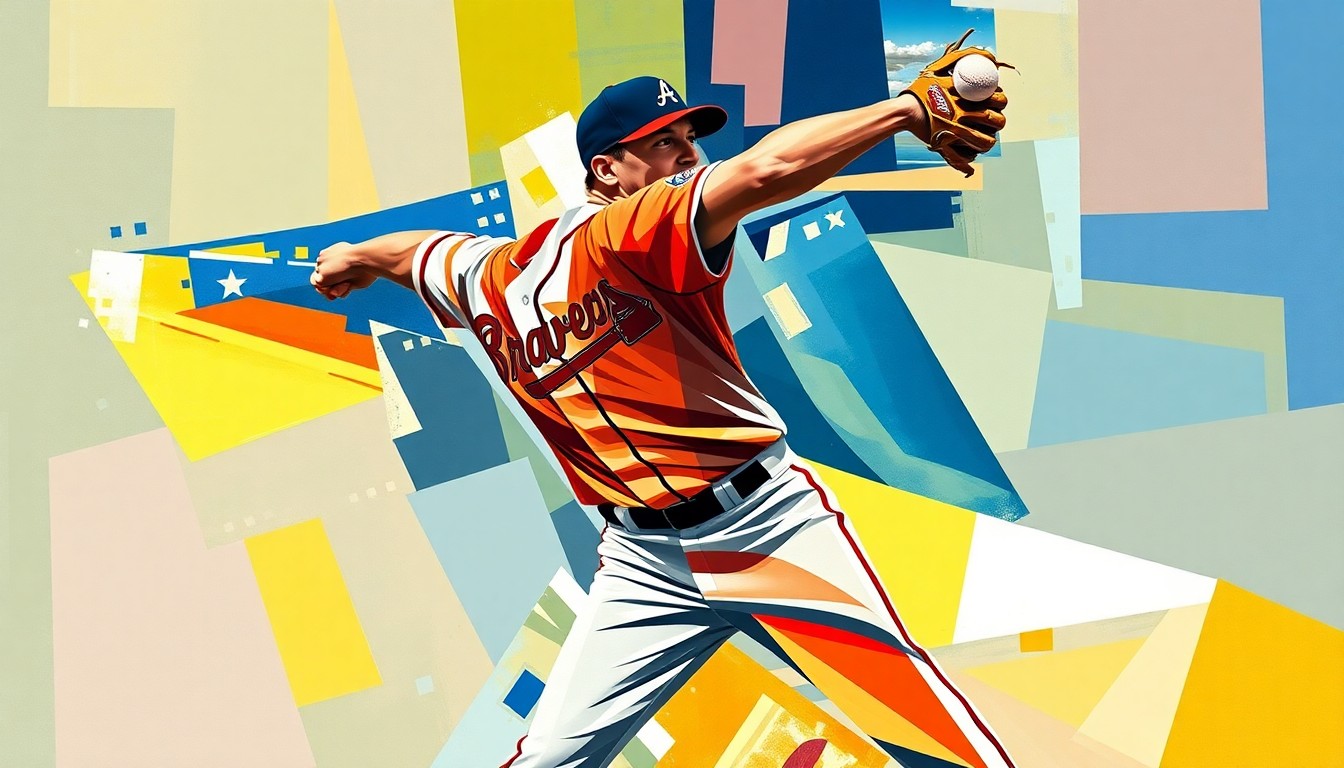 A cubist-style painting depicting a baseball pitcher's throwing motion broken down into sharp, overlapping geometric shapes and planes in the Braves' team colors, conceptually representing the tension and energy of spring training.