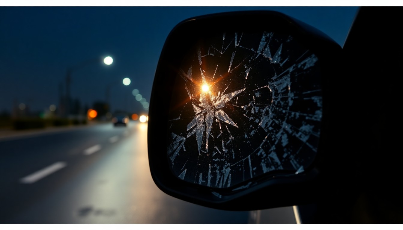 An extreme close-up of a shattered car side mirror reflecting a dim streetlight, conceptually representing the aftermath of a hit-and-run collision.