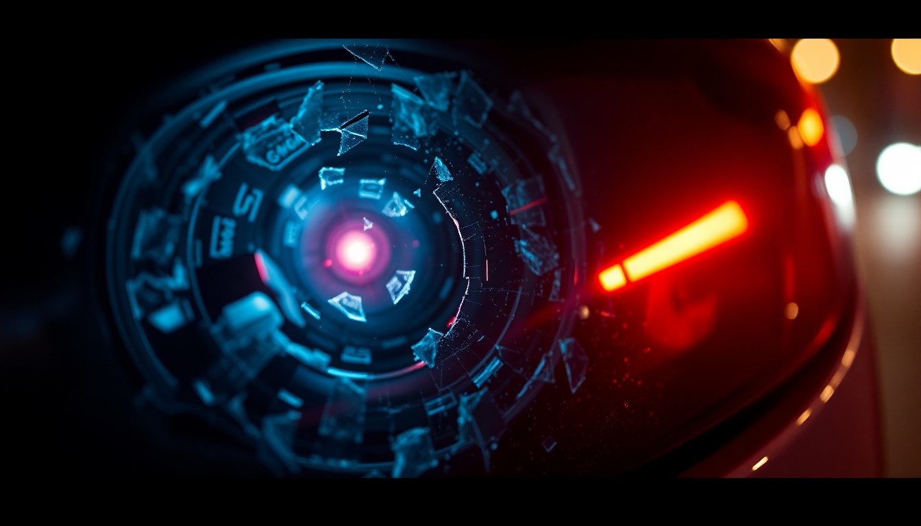 An extreme close-up of a shattered car sensor lens reflecting a faint red light, conceptually illustrating the vandalism of self-driving cars.