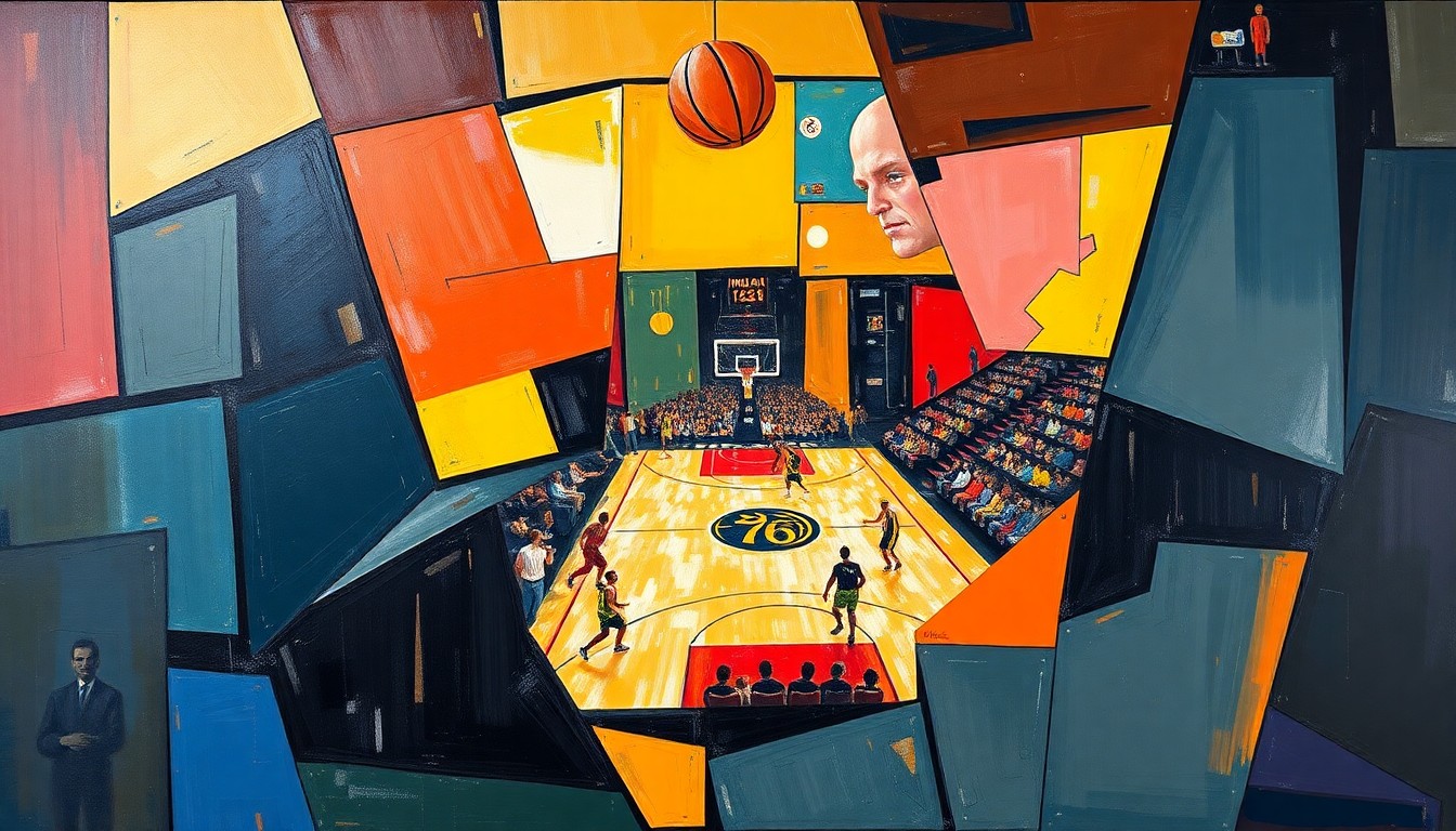 A fragmented, geometric painting depicting the action and energy of a basketball game, with players and the court broken down into overlapping angular shapes and planes of color.