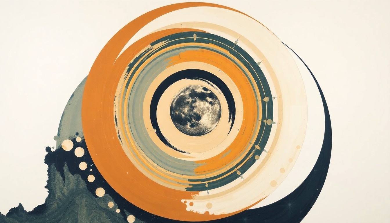 A bold, abstract painting in earthy tones of ochre, sage, and indigo, featuring sweeping geometric arcs, concentric planetary circles, and precise botanical spirals, conceptually representing the complex forces and concepts of the Artemis II lunar flyby mission.