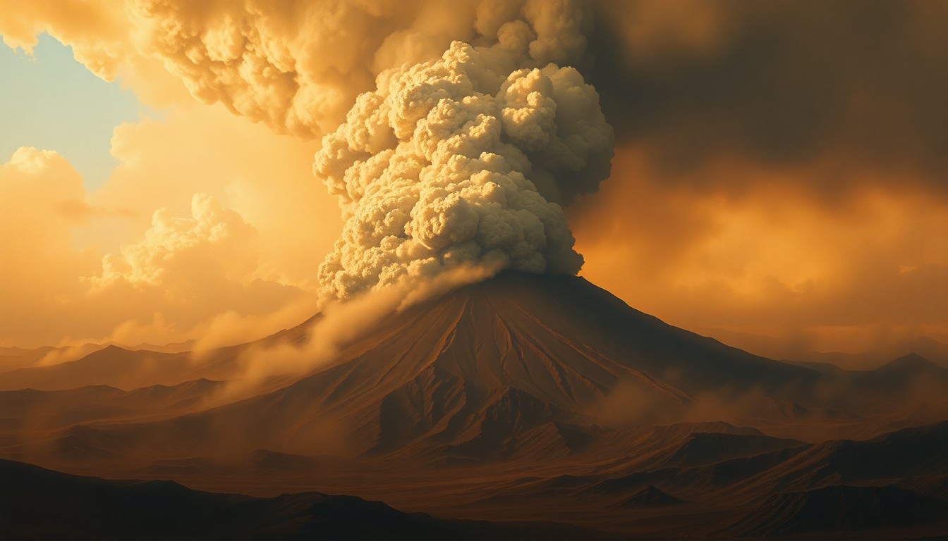 A sweeping, atmospheric landscape painting depicting the towering plume of ash and lava erupting from Kilauea volcano on the Big Island of Hawaii, conveying the overwhelming, sublime scale of the natural disaster through muted earth tones and dramatic lighting.