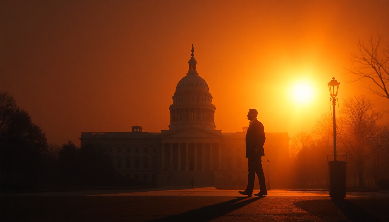 A dimly lit, cinematic painting of a lone government building or political figure, with warm sunlight streaming through the windows and deep shadows obscuring details, conveying a sense of uncertainty and unease surrounding the Iran war's impact on the GOP.