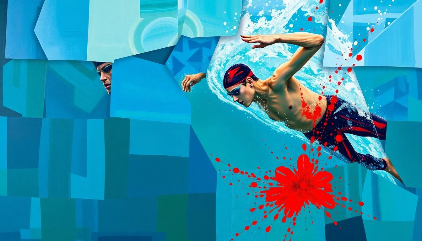 A fractured, geometric painting in shades of blue, green, and red, capturing the overlapping movements and perspectives of a swimming competition in an abstract, cubist style.