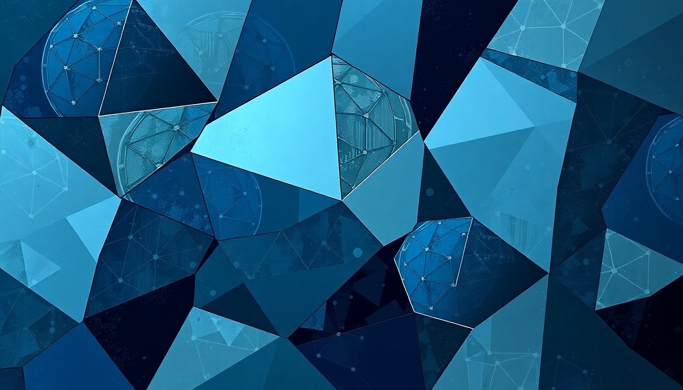 A dynamic, fractured painting in shades of blue, grey, and metallic accents, depicting abstract, overlapping geometric shapes and forms that suggest the complex flows of global trade, supply chains, and AI-driven investment.