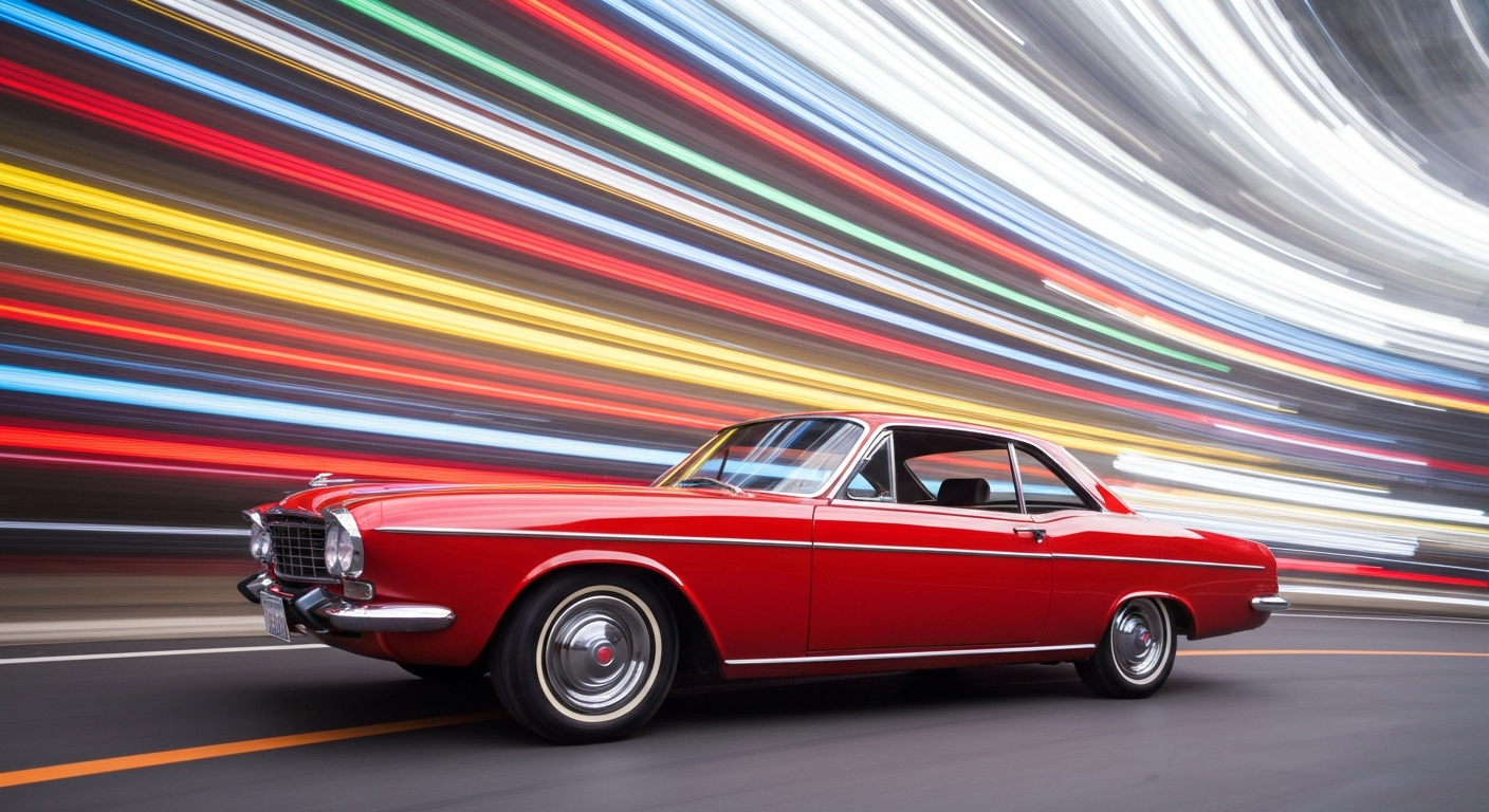 An abstract, blurred image of a classic car in motion, conveying a sense of speed, energy, and the passion of the classic car community.