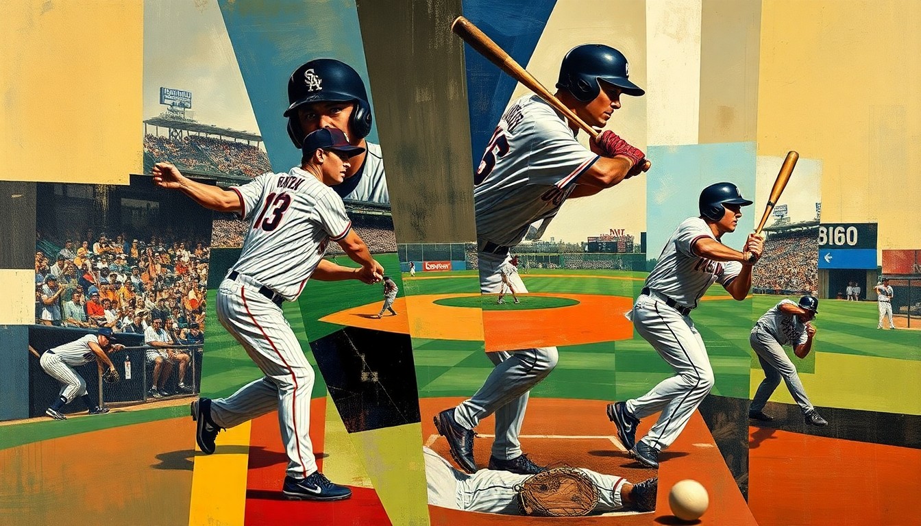 A fragmented, geometric painting depicting various baseball motifs and actions, conveying the excitement and uncertainty of the spring training season.
