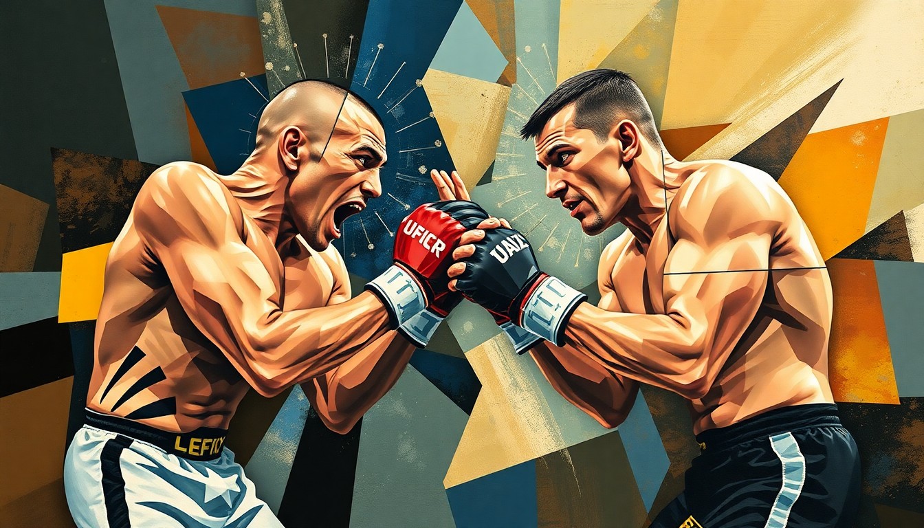 A fractured, geometric painting depicting the action and movement of a boxing or MMA match, with sharp, overlapping planes of color representing the strategic dilemma of blending combat sports disciplines.