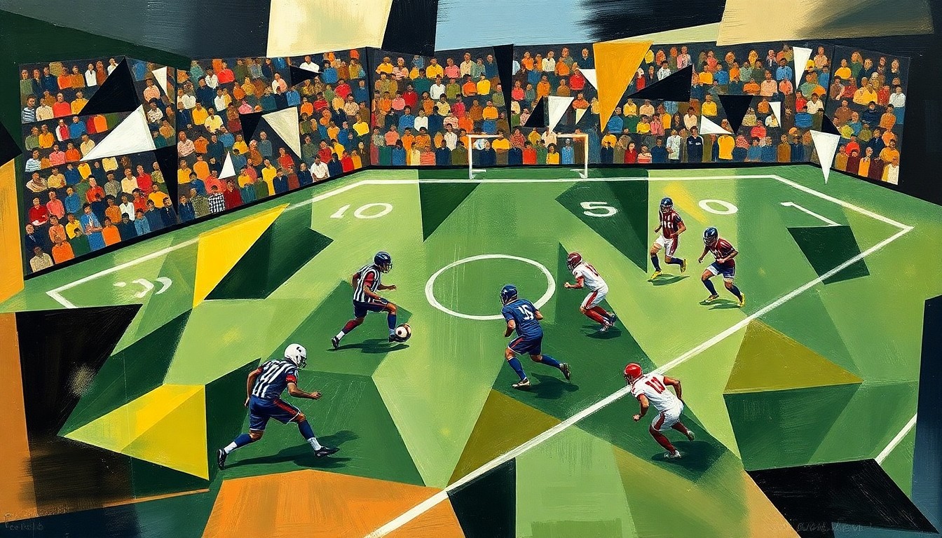 A cubist, geometric painting depicting the abstracted forms of football players and a field, conveying the tactical complexity and intensity of the sport.