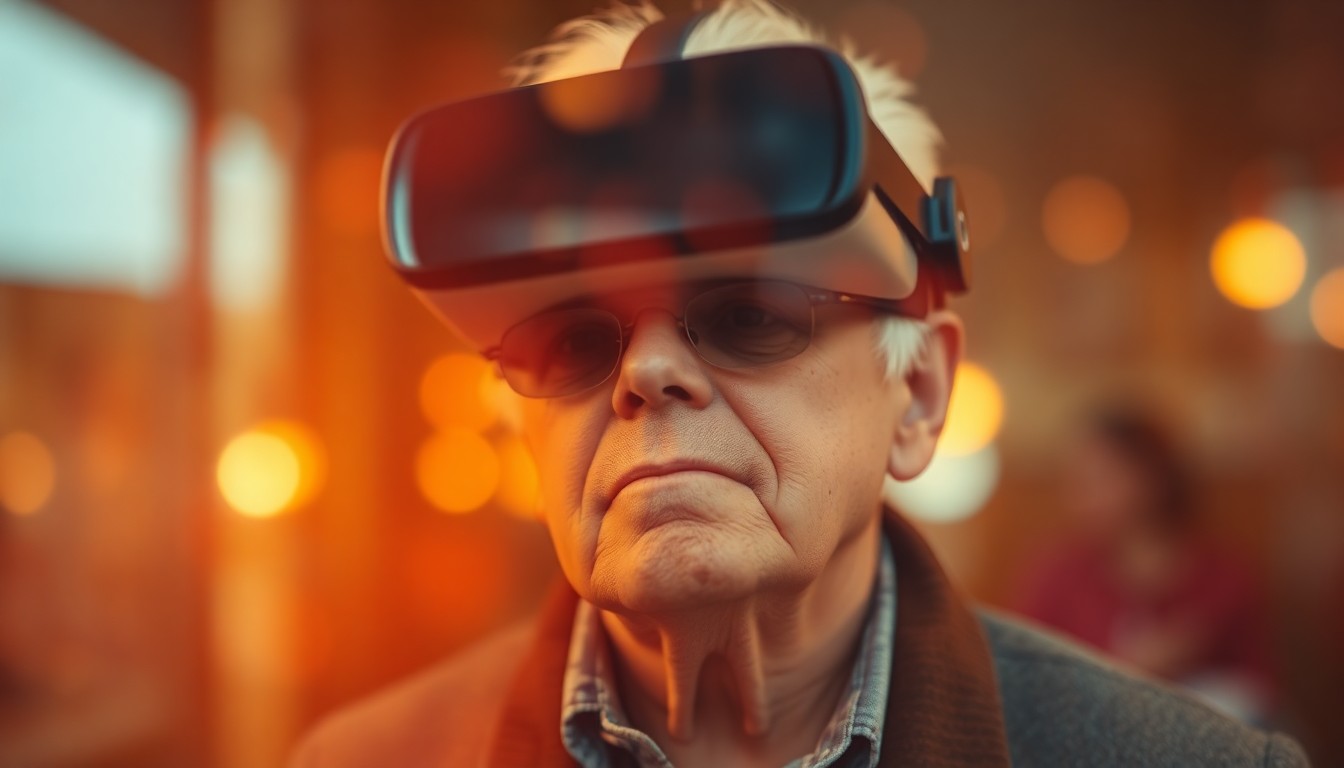An abstract, out-of-focus photograph depicting a senior adult wearing a virtual reality headset, surrounded by soft, warm pools of color and light, conveying the immersive and transformative experience of VR technology.