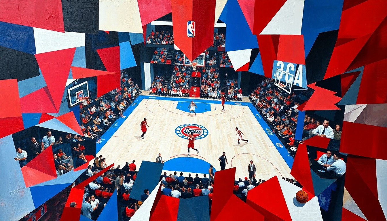 A fractured, multi-perspective painting in bold red, white, and blue geometric shapes, conceptually representing the emotional impact and strategic considerations behind the Clippers' roster changes.