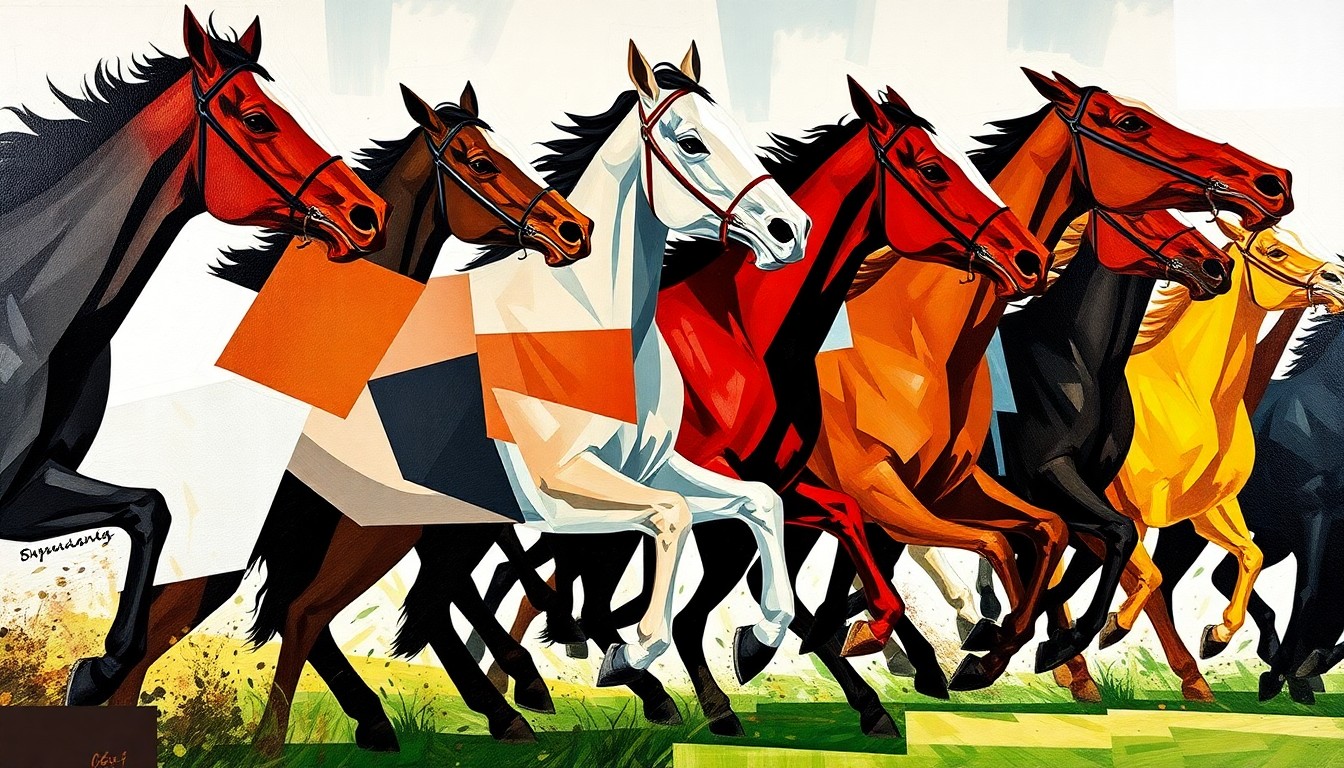 A cubist-style painting depicting a horse race, with the horse and jockey broken down into sharp, overlapping geometric shapes in vibrant colors, capturing the energy and motion of the competition.