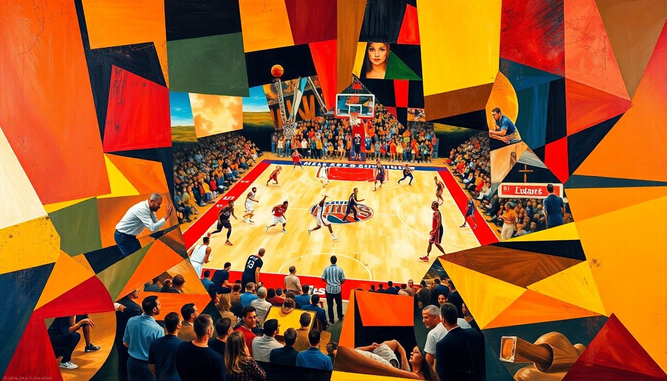 A fractured, multi-perspective painting depicting the energy and movement of a basketball game, with the players and court deconstructed into sharp, overlapping geometric shapes and planes in a vibrant, abstract composition.
