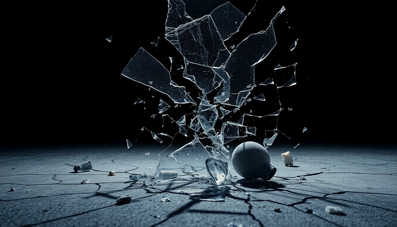 An abstract close-up image of shattered glass and cracked concrete, captured in dramatic, high-contrast studio lighting to represent the breakdown of a celebrity's public image.