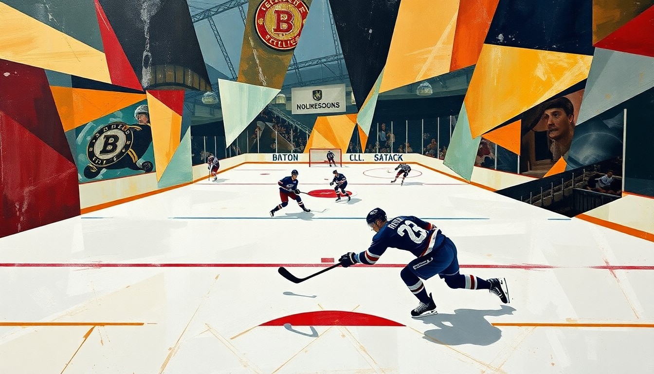 A fractured, cubist-style painting depicting a hockey game, with the players and puck represented as abstract geometric shapes and angles in a dynamic, visually striking composition.