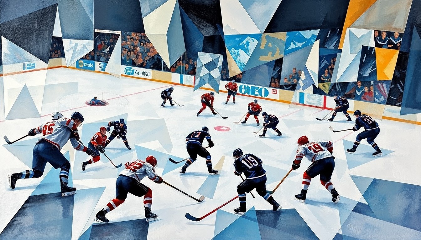 A fragmented, geometric painting depicting a hockey game, with players and the ice surface broken down into sharp, overlapping planes of color and shape, conveying the intensity and chaos of the sport.