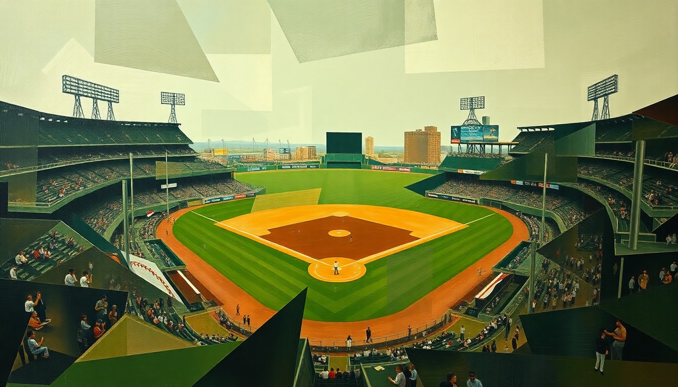 A cubist-style painting featuring overlapping geometric shapes and planes in muted tones, representing the contrasting elements of the Phillies' game - Nola's pitching efforts and the team's offensive woes.
