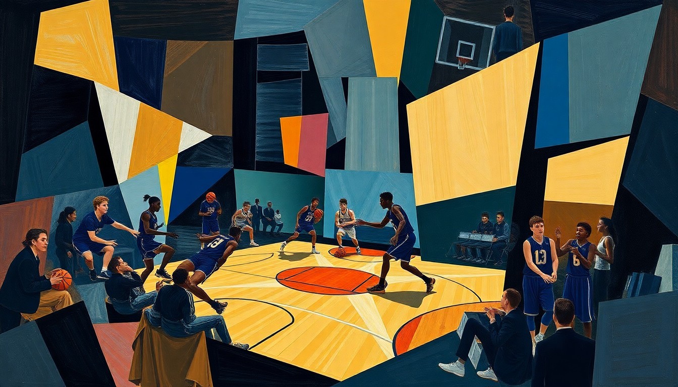 A fractured, multi-perspective painting in a cubist style, breaking down the high-energy basketball action into sharp, overlapping geometric shapes and planes of color, capturing the strategic intensity of the Division Finals matchups.