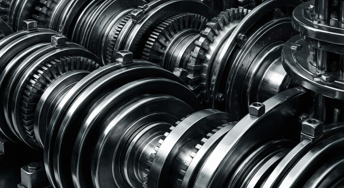 An extreme close-up of gleaming, industrial-grade banking equipment and mechanisms, conveying a sense of institutional financial power and security without using literal currency or charts.