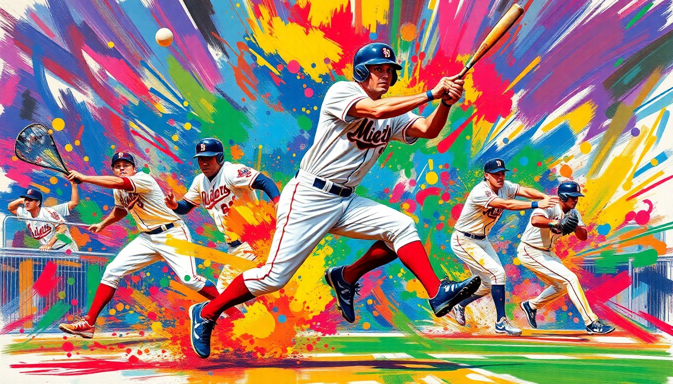 A vibrant, expressionist painting in neon colors captures the raw athletic energy and leaping movements of an outfielder making a series of incredible defensive plays, with the players and teams dissolving into unrecognizable splatters.