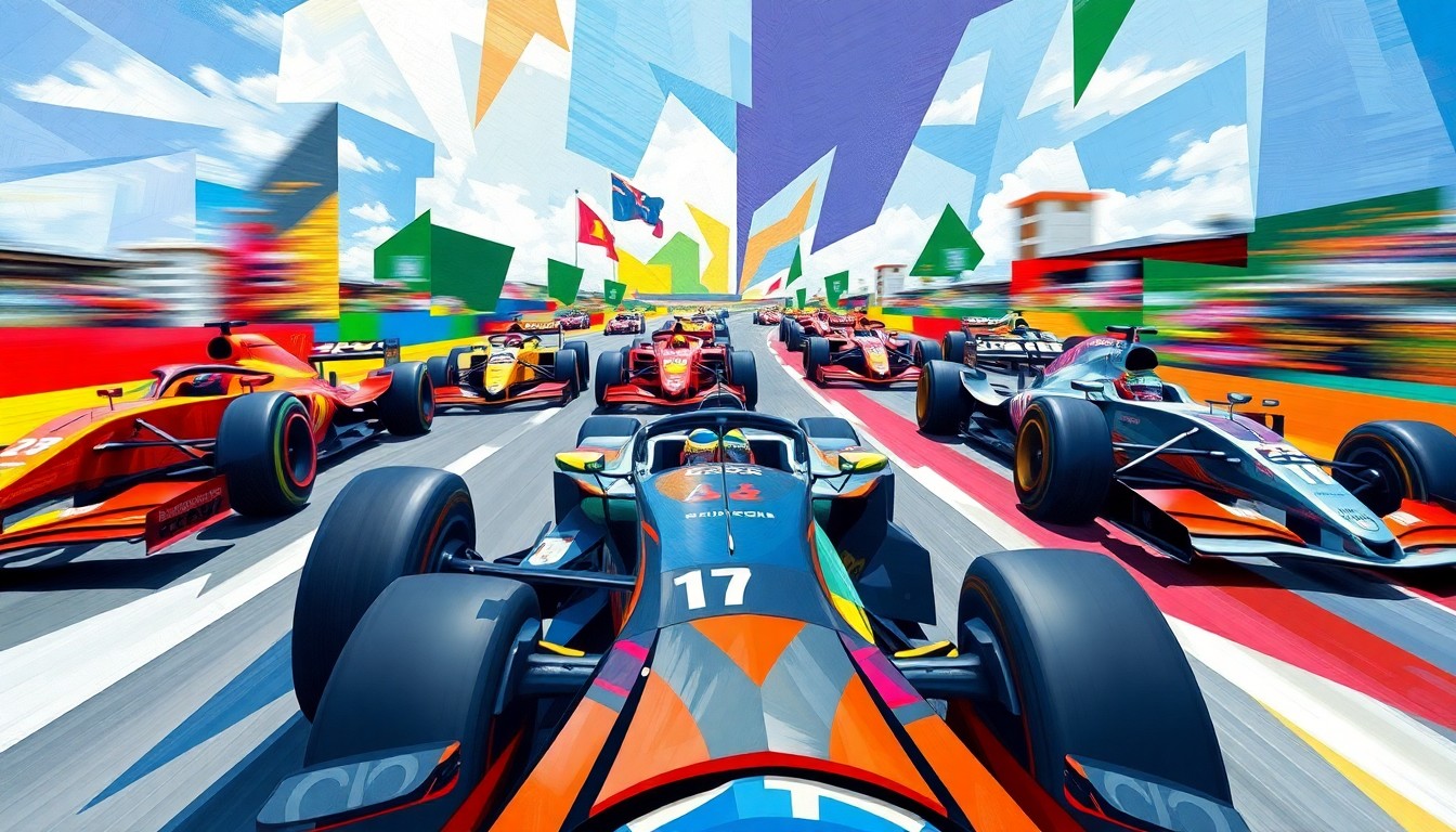 A fractured, cubist-style painting depicting the chaotic and unpredictable nature of a Formula 1 race, with cars passing and re-passing each other in a blur of color and motion, reflecting the 'yo-yo racing' effect created by the new regulations.