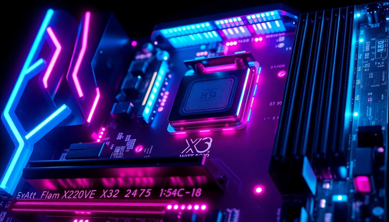 A highly detailed, glowing 3D illustration of a Gigabyte motherboard, with intricate circuitry and components illuminated by vibrant neon lights, conveying the fusion of advanced technology and visual appeal.