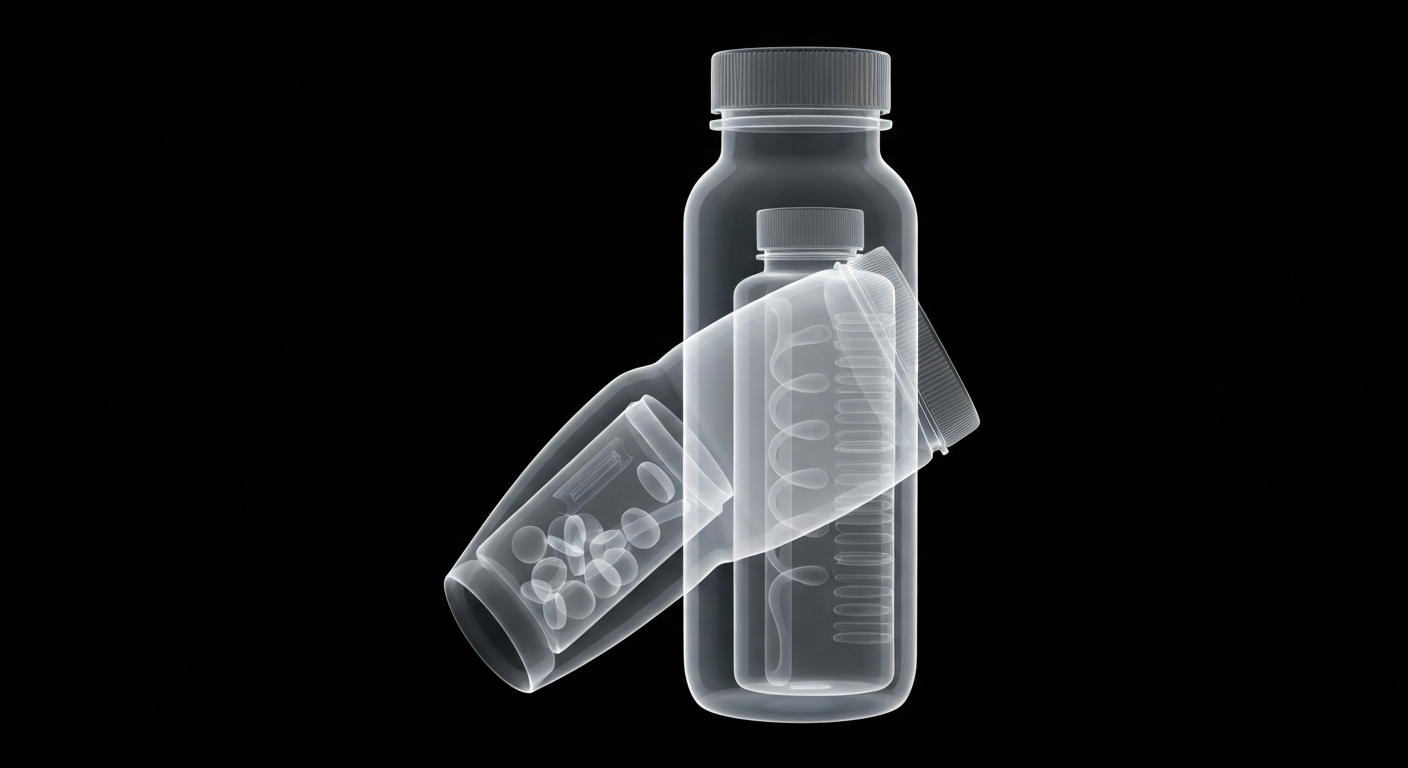 A translucent X-ray photograph revealing the internal structure of an over-the-counter medication bottle as a glowing, ghostly outline against a dark background, conceptually illustrating the rigorous oversight behind these widely accessible drugs.