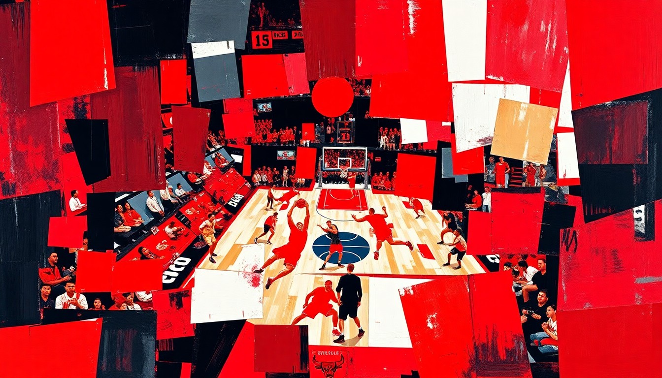 A cubist, geometric painting depicting a fragmented, multi-perspective view of a basketball game or match, with sharp, overlapping planes of red, black, and white colors conceptually representing the Chicago Bulls' organizational struggles.