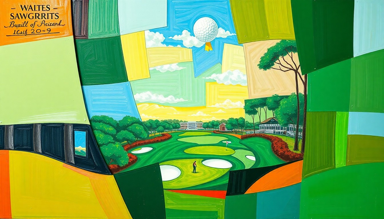 A cubist, geometric painting depicting a fractured, multi-perspective view of a golf tournament scene at Sawgrass, with vibrant greens, blues, and browns creating a dynamic and abstract visual representation of the event.