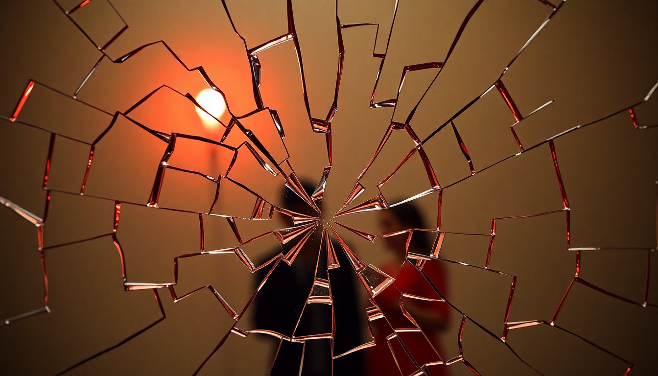An abstract close-up photograph of shattered glass reflecting a faint red light, conceptually representing the fragmented personal and financial relationships of a celebrity couple.