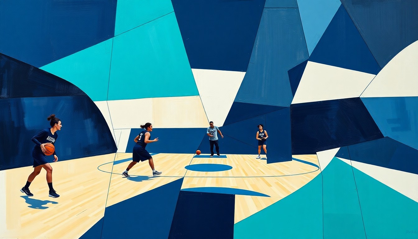 A cubist, geometric painting depicting fragmented, overlapping shapes and planes in navy blue, teal, and white, conceptually representing the complex dynamics of a WNBA team's relocation and facility development.