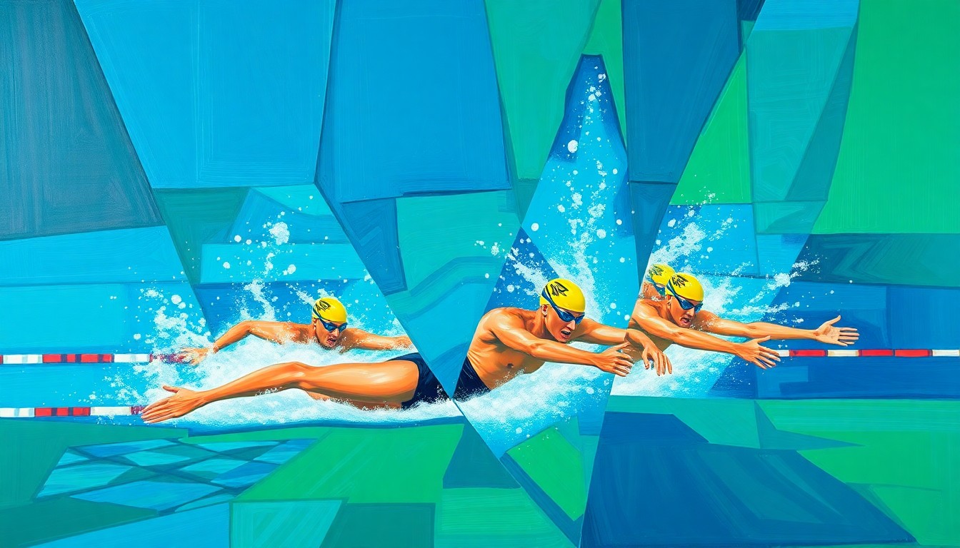 A cubist, geometric painting depicting a swimming race, with overlapping planes of color and form representing the motion and energy of the competition.